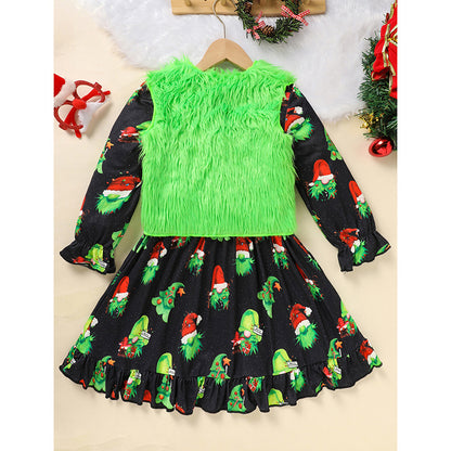 US Local Toddler Kids Baby Girl Christmas Dress Outifts, Long Sleeves Cartoon Prints Party Dress With Heart Print Vest Coat Xmas Clothes Set