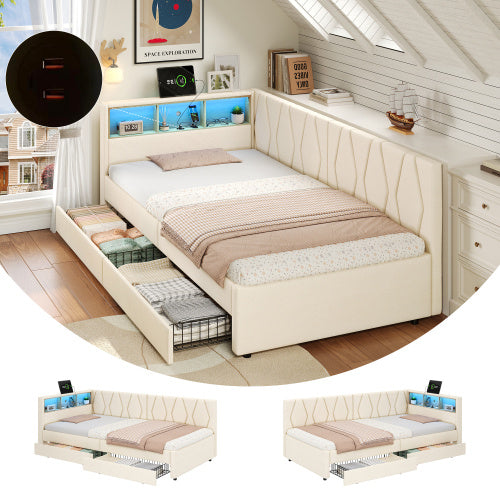 UK Local 3ft Single Daybed With Two Storage Drawers, LED Modern Bed Frame With Charging Station, Linen Sofa Bed For Living Room Bedroom Study Room, 90X190cm, Easy Assembly, Beige
