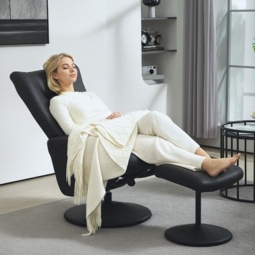UK Local HOMCOM Swivel Recliner Chair With Footstool, PU Leather Recliner Armchair With Adjustable Back And Steel Frame, Reclining Chair Lounge With Flared Armrests For Living Room, Black