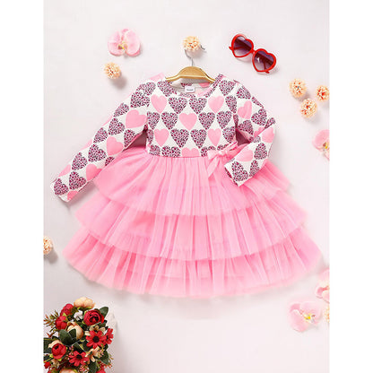 US Local Toddler Girls Outfits Long Sleeve Graphic Heart Print Mesh Tulle Dress Valentine Birthday Party Dresses
