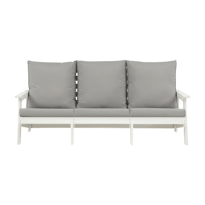 US Local HIPS 3 Seater Sofa With Cushion, Wood Grain Outdoor Garden Sofa,White Grey