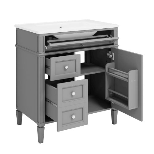 US Local 30'' Bathroom Vanity With Top Sink, Modern Bathroom Storage Cabinet With 2 Drawers And A Tip-out Drawer, Freestanding Vanity Set With Mirror Cabinet, Single Sink Bathroom Vanity