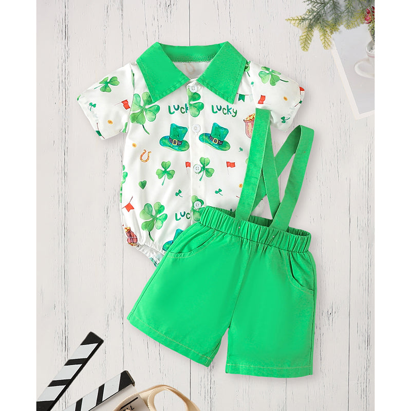 US Local Newborn Baby Boy St. Patrick's Day Clothes Short Sleeve Clover Print Romper & Suspenders Pant 2Pcs Casual Clothes Set