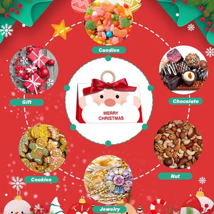 US Local 10 Pcs Christmas Candy Boxes With Ribbon And Wooden Ring Merry Christmas Santa Claus Pattern Cookie Goodie Box Cartoon Paper Treat Box For Christmas Gift Wrapping Holiday Party Supplies