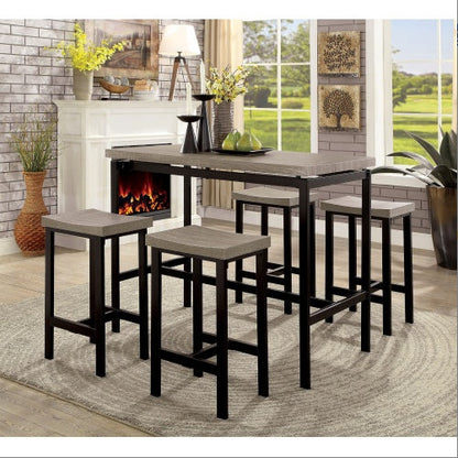 US Local 5 Pc Counter Height Table Set Two Tone Design Black Gray Dining Chairs Sturdy Metal Construction PVC Plastic Top Dining Room Furniture
