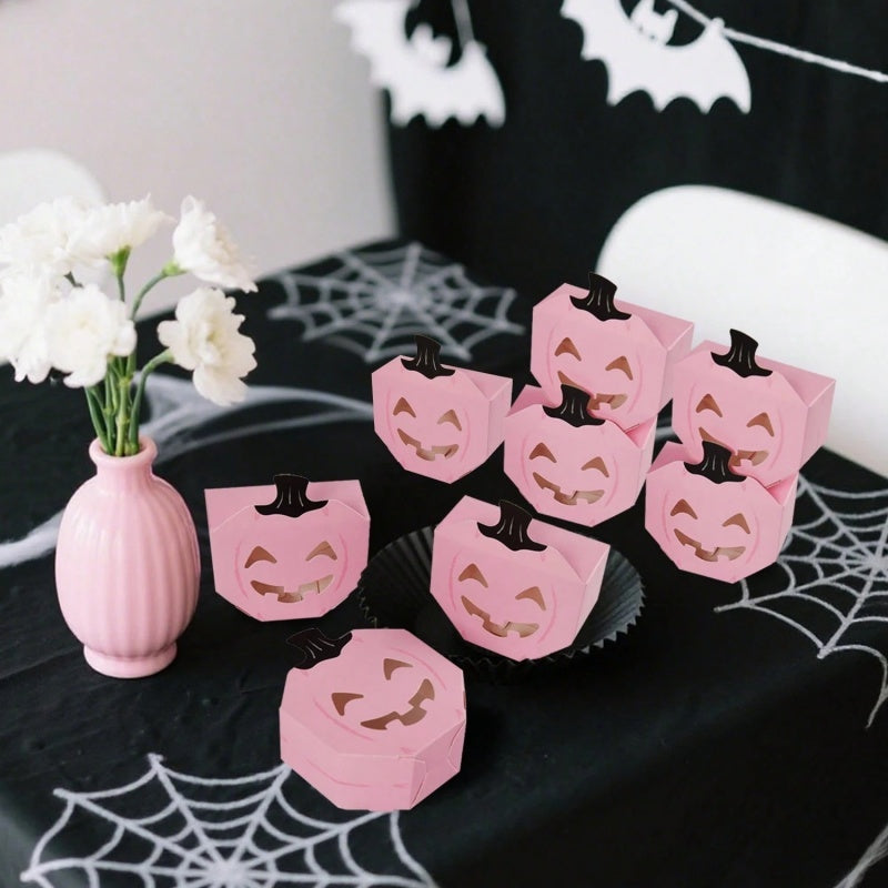 20 PcsPink Halloween Gift Boxes Pumpkin Shaped Treat Boxes Square Favor Wrapping Boxes Halloween Party Favor Supplies For Indoor Home Holiday Party Thanksgiving Decorations