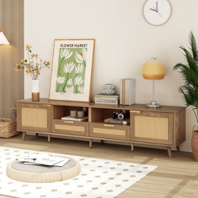 UK Local TV Console Table, Up To 90 Inches TV, TV Cabinet With Plastic Rattan Design, TV Cabinet With Solid Wooden Feet, Braided Rattan TV Boards