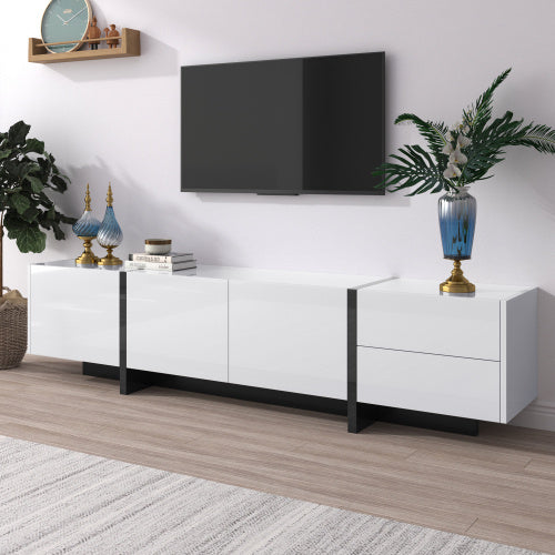 UK Local TV Cabinet, Low Panel With Colorblocked Legs In High-gloss White And Black, With Doors And Drawers, Doors With Shelves. Simple Line Design.