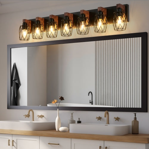 US Local Industrial Vintage 7-Light Wall Sconce - Black Cage Wall Lighting Fixture With Wooden Accents For Bathroom, Hallway, Or Living Room Bulb Not Included