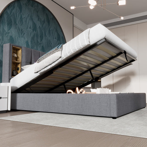 UK Local Upholstered Double Bed 135 X 190cm With Wireless Charging  USB Tyep-C, Hydraulic Storage Bed With Hydraulic Lever, Linen Fabric 4FT6 Double Bed Frame With Large Storage Space, Grey No Mattress
