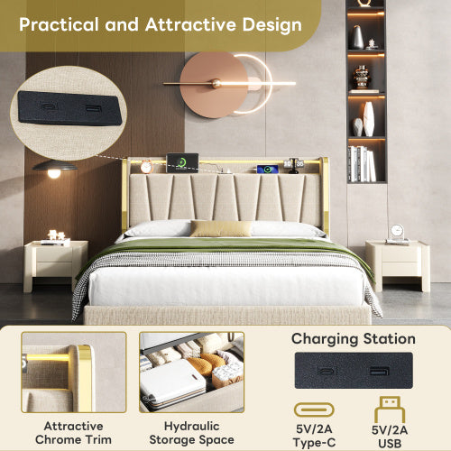 UK Local 4ft6 Double Upholstered Bed Frame With Hydraulic Storage, LED Headboard With Charging Station And Chrome Trim, USB And Type - C Ports, Linen, No Box Spring Needed, Beige