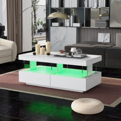 UK Local Coffee Table For Living Room, High Gloss Tea Table With 16-Color LED Lights, Coffee Table With 2 Drawers And Open Storage Space, End Table For Home Office Furniture, White