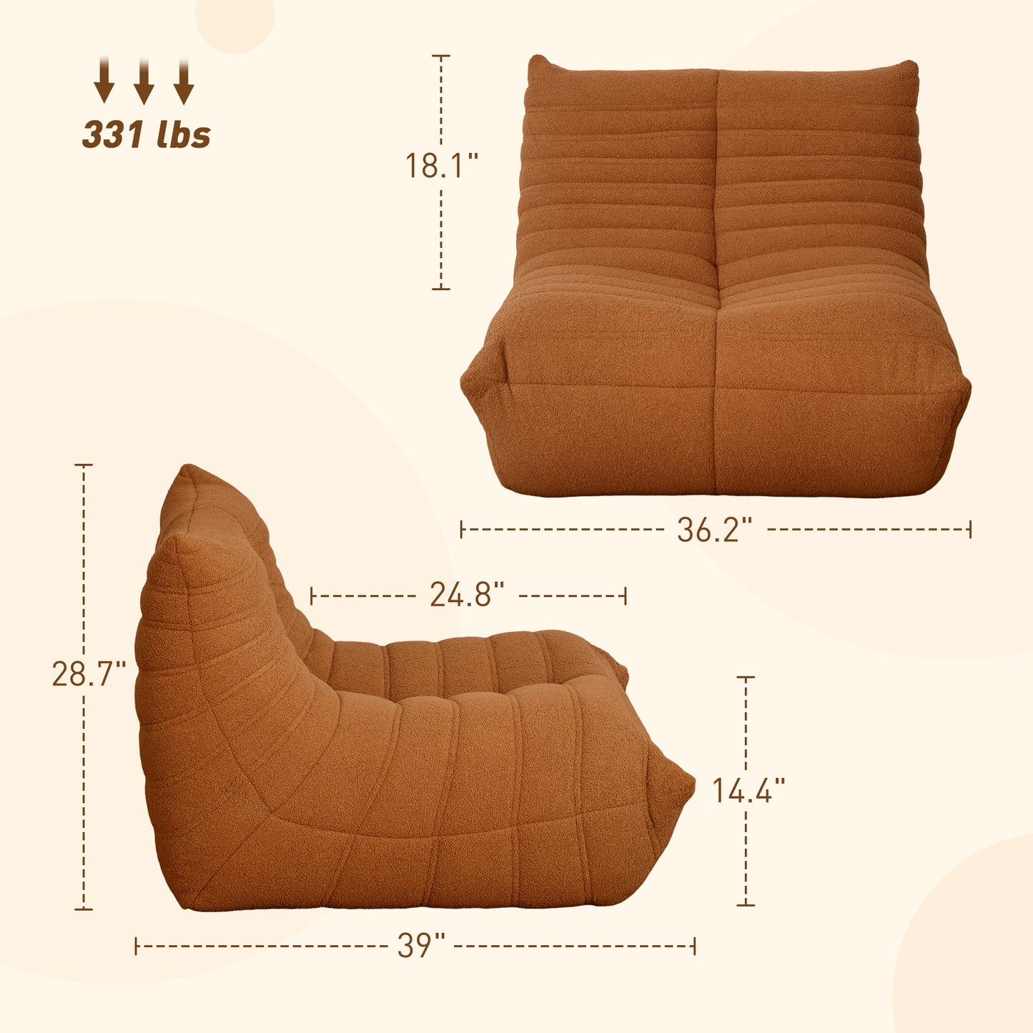 US Local Bean Bag Chair For Adults, Giant Fireside Chair, Bean Bag Sofa With High Density Foam For Living Room, Brown