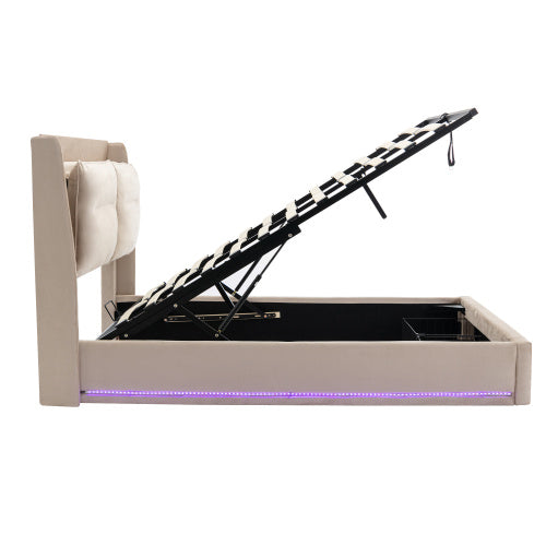 UK Local Upholstered Bed, 135x190 4ft6, Double Bed, Hydraulic Bed, 2-in-1 Storage Drawers At The End Of The Bed, Recessed LED Light Strips On Both Sides Of The Bed, Slatted Frame, Velvet,Beige