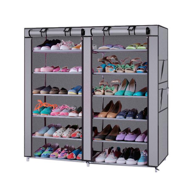 US Local 6-story Double Row 12 Grid Non-woven Fabric Shoe Cabinet Gray