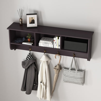 US Local Espresso Entryway Wall Mounted Coat Rack With 4 Dual Hooks Living Room Wooden Storage Shelf