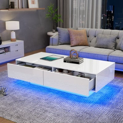 UK Local White High Gloss LED Coffee Table, Tea Table With 16 Colors LED Lights, Coffee Table With 2 Drawers Rectangular Table For Office, Store And Living Room