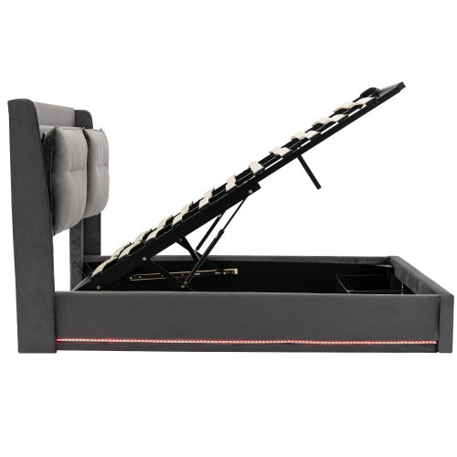 UK Local Upholstered Bed, 150x200 5ft King Size Bed, Hydraulic Bed, 2-in-1 Storage Drawers At The End Of The Bed, Recessed LED Light Strips On Both Sides Of The Bed, Slatted Frame, Velvet,Dark Gray