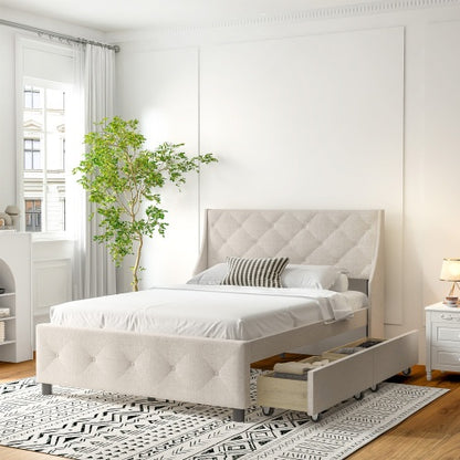 US Local Queen Size Bed Frame With Storage Headboard, Metal Platform Bed No Noise, Mattress Foundation Strong Metal Slats Support No Box Spring Needed