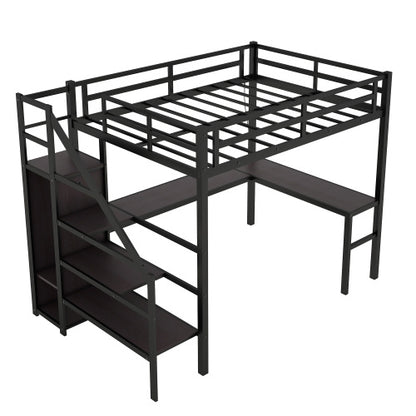 US Local Twin XL Size Loft Bed With L-shaped Desk And USB, Metal Loft Bed With Wardrobe And Adjustable Shelf, High Loft Bed With LED For Kids Teens Adults, Black