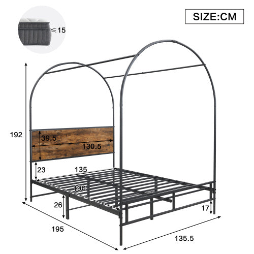 UK Local Metal Bed, 4ft6 Double Bed 135x190cm, Durable And Sturdy, Canopy Twin Bed, Iron Bed For Adults  Teenagers, Black Wood Color Bed Frame Only Drape Not Included