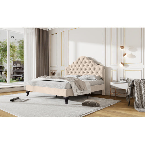 UK Local Upholstered Bed With Slatted Frame And Headboard, 4ft6 Double Bed,135x190,Upholstered Bed With Height-adjustable Headboard, Youth Bed, Wooden Slat Support, Easy Assembly, Velvet, Beige