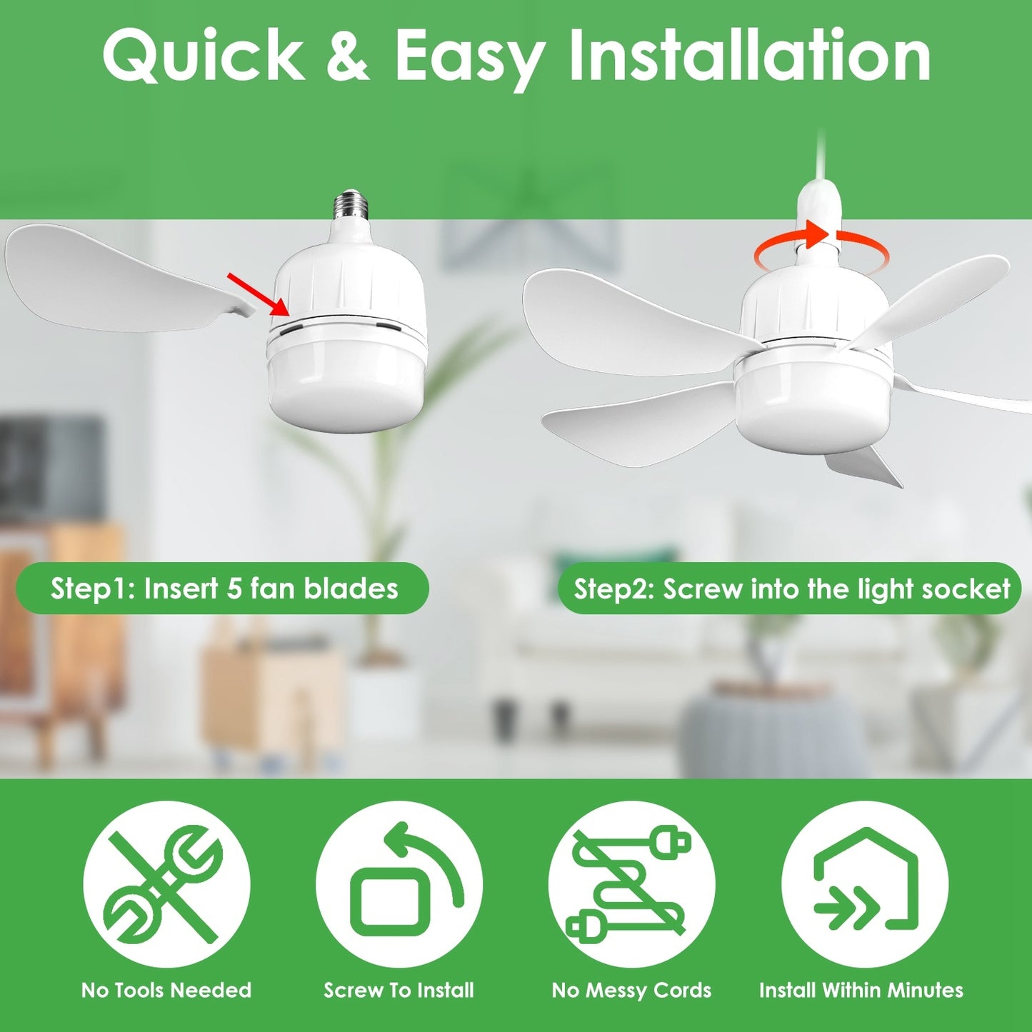 US Local 1Pc Socket Fan Light 12W Ceiling Fan With Lights Dimmable LED Ceiling Fan With 3 Fan Speed Stepless Brightness And Color Temperature Smart Timer Remote Control