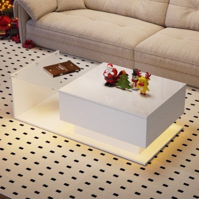 UK Local LED Coffee Table, Modern High Gloss Coffee Table, Center Table With Glass, Modern Coffee Table For Living Room With Drawer White