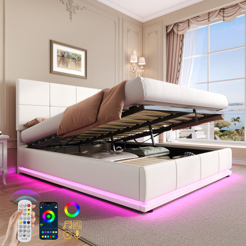 UK Local Ottoman Double Bed With LED Lighting, PU Leather Upholstered Bed With Hydraulic Storage, 4ft6 Double Bed Frame With Adjustable Square Tufted Headboard, Cream White