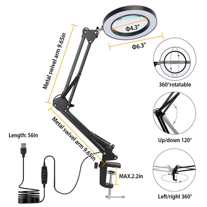 US Local 1Pack 2 In 1 LED Magnifier Desk Lamp 8x Magnifying Glass With Light Swing Arm Desk Table Light USB Reading Lamp With Clamp Stand 10 Brightness 3 Modes