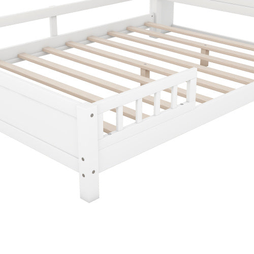 US Local Wood Full Size Platform Bed With Built-in LED Light, Storage Headboard And Guardrail, White