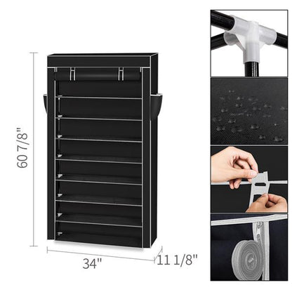 US Local 10 Tiers Shoe Rack With Dustproof Cover Closet Shoe Storage Cabinet Organizer Black