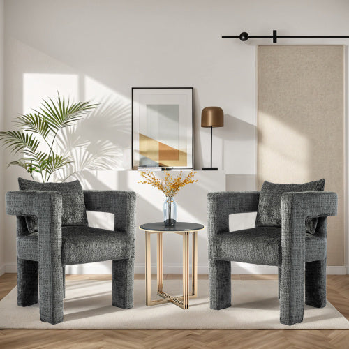 UK Local GOMYWAY Modern Chenille Lounge Chair With A Unique Hollow Armrest Design, With Comfortable Cushions And Pillows, Suitable For Living Rooms, Dining Rooms, Bedrooms And Offices Dark Gray,set Of 2