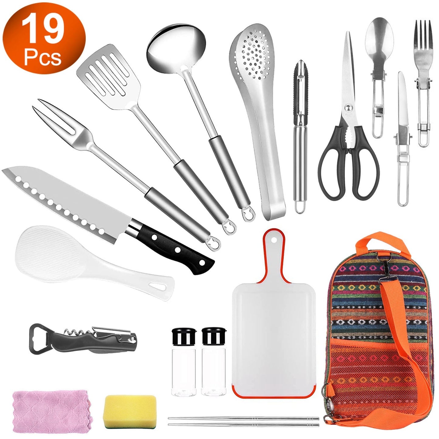 US Local 19 Pcs Camping Cooking Utensil Kit Portable Picnic Cookware Outdoor Kitchen Equipment Gear Campfire Barbecue Appliances With Storage Bag