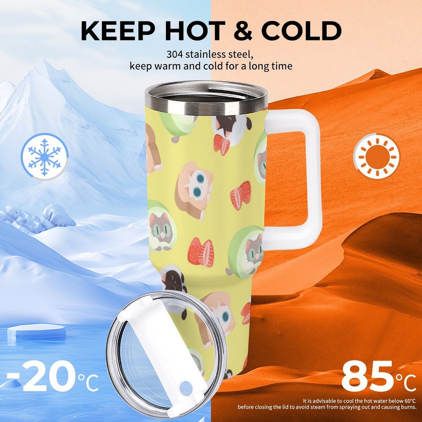 PHDT00260 POD US Local Tumbler 40 oz Large Capacity Car Cup Cat Dessert Cute Pink Green Black Yellow