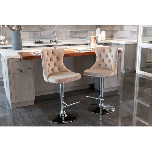 US Local Swivel Velvet Barstools Adjusatble Seat Height From 25-33 Inch Khaki,Set Of 2