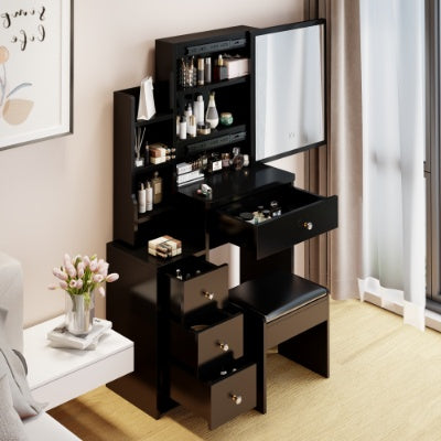 US Local 29.2 Small Space Left Bedside Cabinet Vanity Table  Cushioned Stool, Extra Large Right Sliding Mirror, Multi Layer High Capacity Storage, Practical Fashionable Dresser, Suitable For Small Space