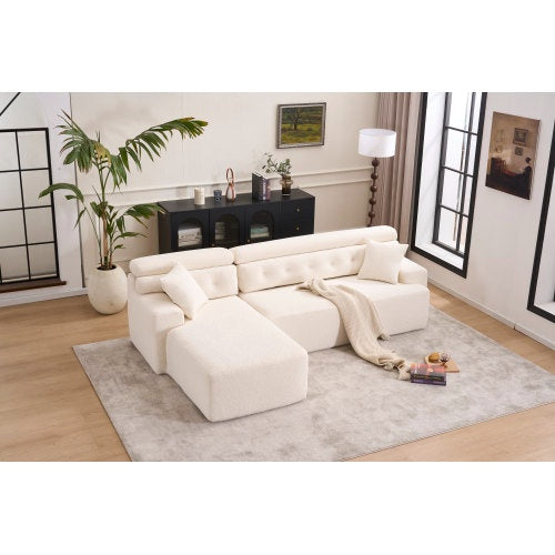 US Local LY-029B WHITE COMPRESSION SOFA Combining Chaise Longue With 3-seater  Wood Grain Chenille Fabric, Full Sponge Compression Sofa,combined Sofa With 2 Pillows For Living Home Furniture