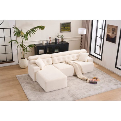 US Local LY-029B WHITE COMPRESSION SOFA Combining Chaise Longue With 3-seater  Wood Grain Chenille Fabric, Full Sponge Compression Sofa,combined Sofa With 2 Pillows For Living Home Furniture