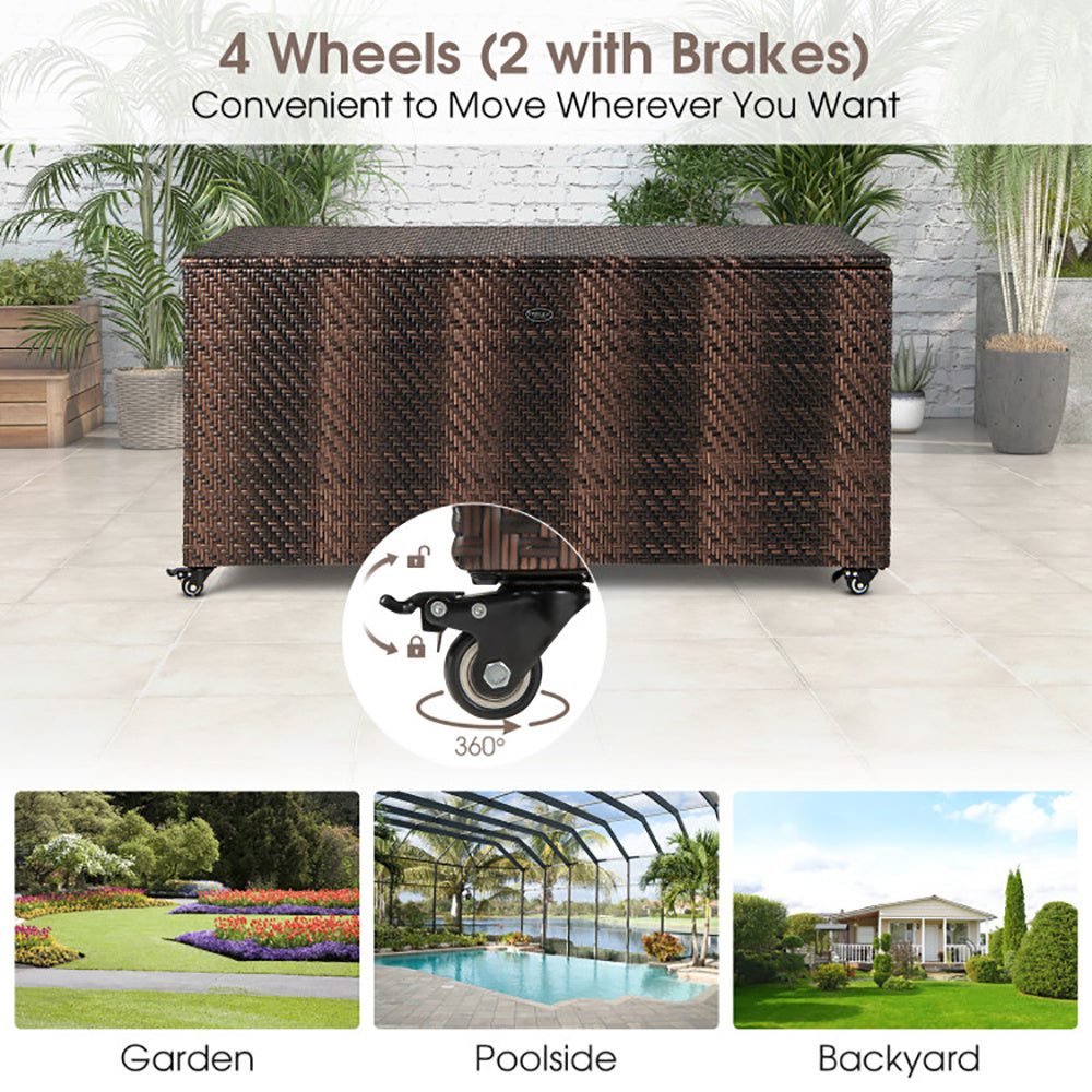US Local 96 Gallon PE Wicker Outdoor Storage Box With 4 Wheels