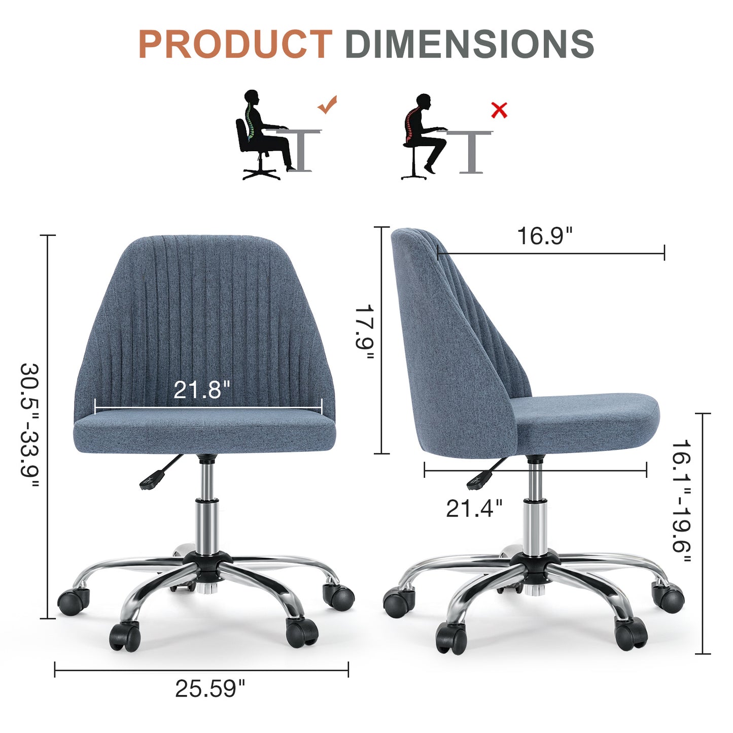 US Local Modern Fabric Armless Adjustable Swivel Office Desk Chairs With Wheels