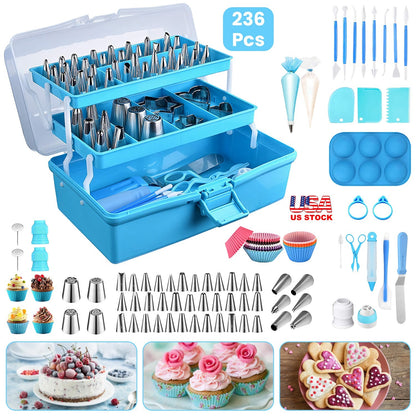 US Local 236Pcs Cake Decorating Kit Baking Tools Accessories Cake Decorating Supplies With Piping Tips Couplers And Bags Cookie Cutters Baking Cups Scrapers Flower Lifter With Storage Box