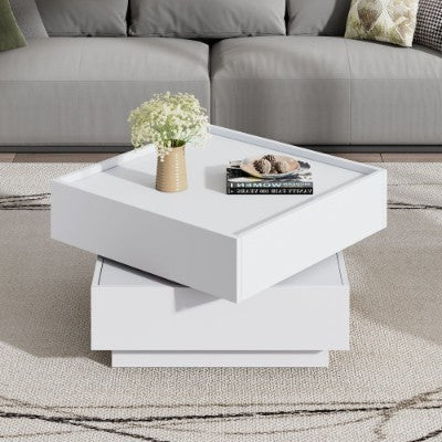 UK Local Square 360 Rotating Coffee Table With 2 Drawers, Wooden 2-Tier Center Table With Swivel Tabletop And Storage, Tea Table , WhiteTable Frame Side Table For Living Room