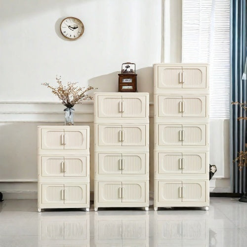 Cream White,19.69 Side Wide Folding Storage Cabinet ,5 Tiers,19.69x11.81x50.00,Collapsible Storage Bins With Magnetic Door, Plastic Storage Cabinet With Wheels