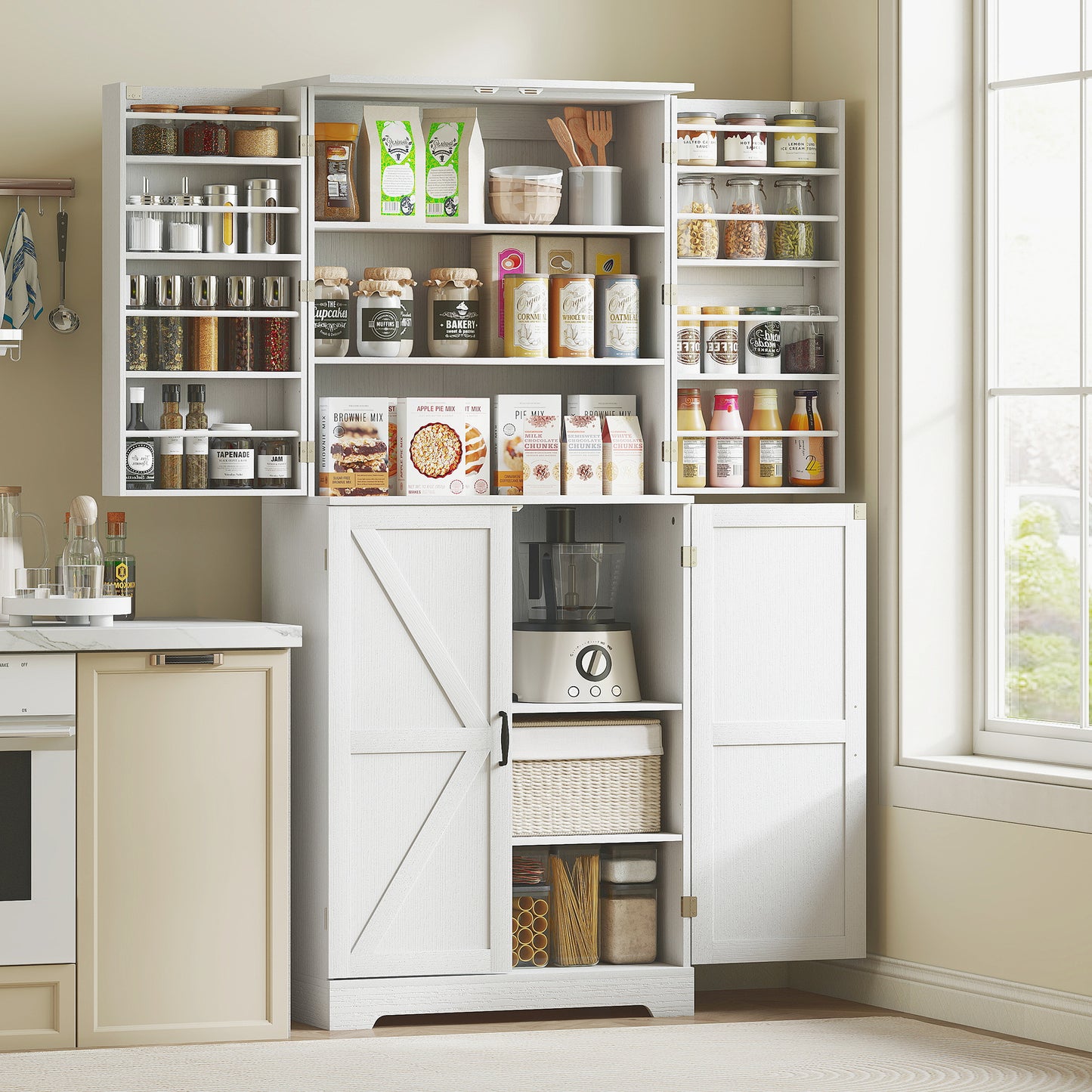 US Local Farmhouse Kitchen Pantry, 72 Tall Pantry Cabinet With 4 Barn Doors, 4 Adjustable Shelves And 8 Door Shelves, White