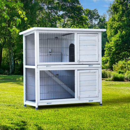 US Local Rabbit Hutch Outdoor, 2-Story Rabbit Cage Indoor With Run, Bunny Cage With 2 Removable No-Leak Trays, Pet Cages With Non-Slip Ramp, Waterproof Roof, Fence, For Small Animals