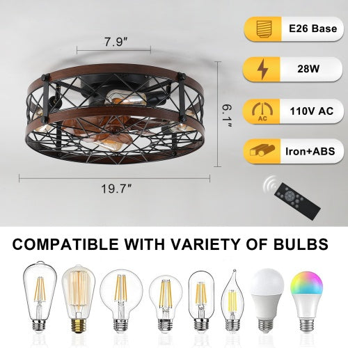 US Local Cage Ceiling Fan With Light, Black, Recessed Ceiling Fan Light, Farmhouse Small Ceiling Fan With Light Fixture, Bedroom Reversible Fan - E26 Bulb Included