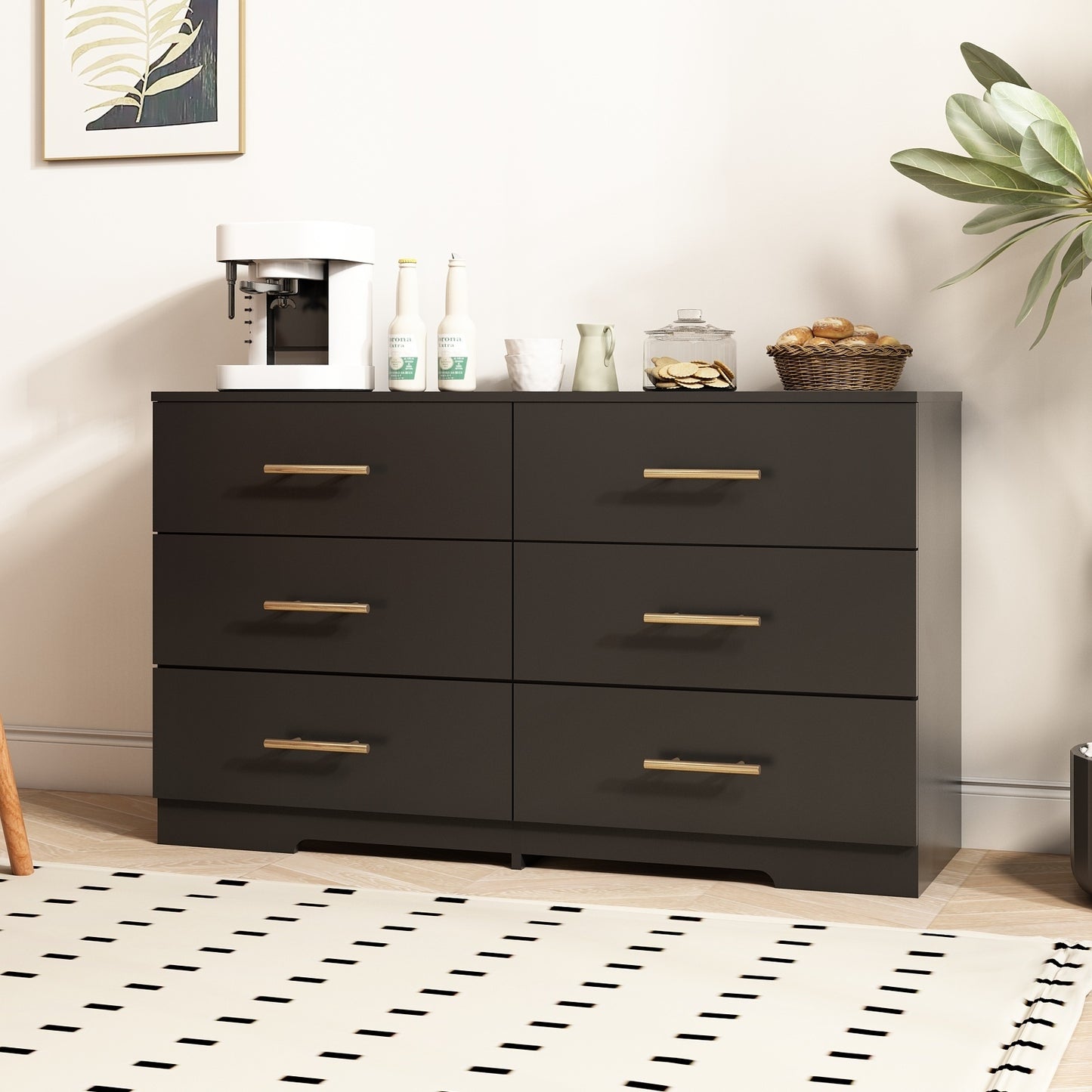 US Local Black Color Large 6 Drawers Chest Of Drawer Dressers Table With Golden Handle