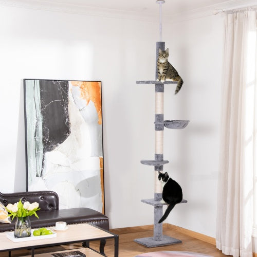 US Local PawHut 9' Adjustable Height Floor-To-Ceiling Vertical Cat Tree - Grey And White
