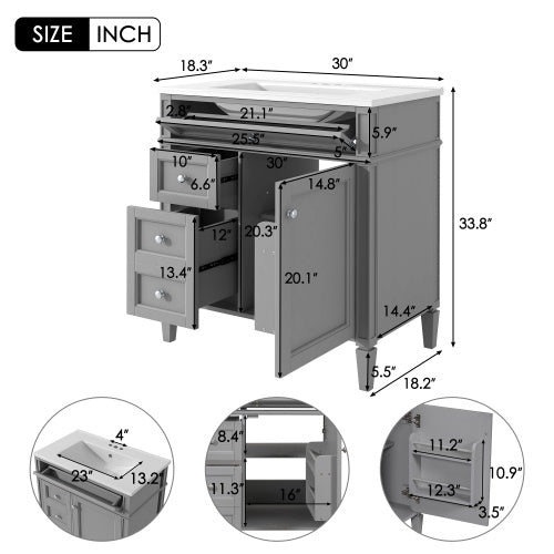 US Local 30'' Bathroom Vanity With Top Sink, Modern Bathroom Storage Cabinet With 2 Drawers And A Tip-out Drawer, Freestanding Vanity Set With Mirror Cabinet, Single Sink Bathroom Vanity